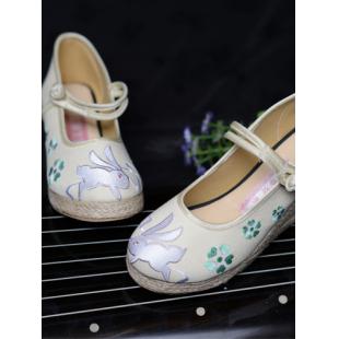 【漢服華服古装用ーチャイナ靴】民族スタイル 刺繍 女性 ベージュ色 ハイヒール靴