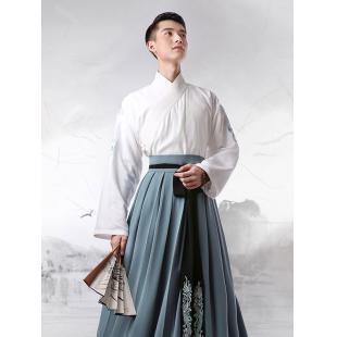 【唐装・漢服ー男】中華服古装 唐朝服 演出服 撮影服 上楽 刺繍 麻 白色 ブルー