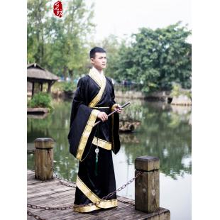 【唐装・漢服ー男】中華服古装 唐朝服 演出服 撮影服 男性用 絹織物 黒色 金色
