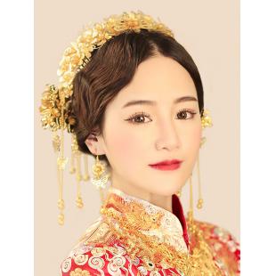 【漢服華服古装用ー飾り物】女性用 手作り 髪飾り 合金 クラウン かんざし ピアス 花嫁 結婚式 ゴールド色