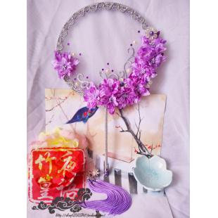 【漢服華服古装用ー扇子】和風 手作り 漢服道具 団扇 ウチワ コスプレ 紫色 絹花 刺繍