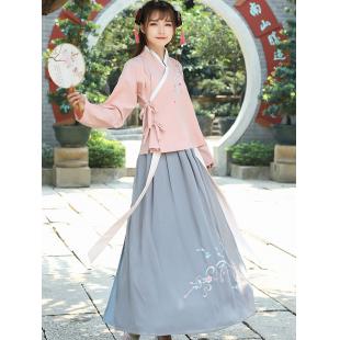 【改良漢服ー女】復古 チャイナ服 民族衣装 演出服 撮影服 ピンク グレー 刺繍