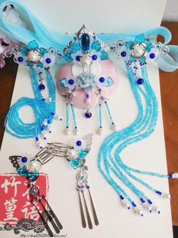 【漢服華服古装用ー飾り物】男女通用 髪飾り クラウン かんざし 櫛 ブルー Cos レジン パール 金属 1件のみ