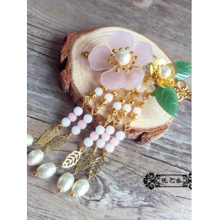 【漢服華服古装用ー飾り物】女性用 髪飾り ヘアピン 瑠璃 パール 銅 花 ピンク