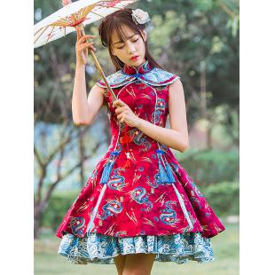 【唐装・漢服ー女】ロリターファッション 中華風 漢服 チャイナ服 Lolita ﾜﾝﾋﾟｰｽ 赤色 龍