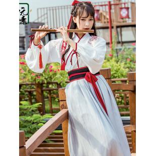 【唐装・漢服ー女】中華服古装 唐朝服 演出服 撮影服 女性用 刺繍 白色 グレー