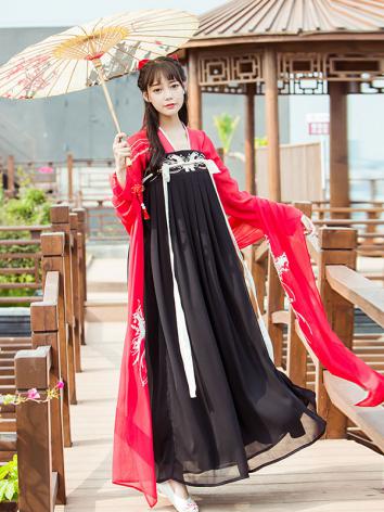 【唐装・漢服ー女】中華服古装 唐朝服 演出服 撮影服 女性用 刺繍 シフオン 赤色 黒色