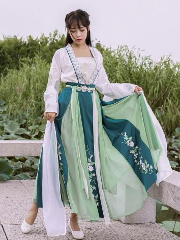 【唐装・漢服ー女】中華服古装 唐朝服 演出服 撮影服 女性用 刺繍 白色 緑色 五点