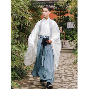 【唐装・漢服ー男】中華服古装 唐朝服 演出服 撮影服 男性用 刺繍 白色 青色 コート