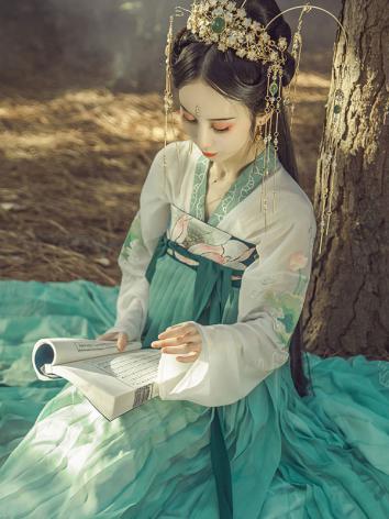 【唐装・漢服ー女】中華服古装 唐朝服 演出服 撮影服 女性用 刺繍 シフオン 白色 緑色