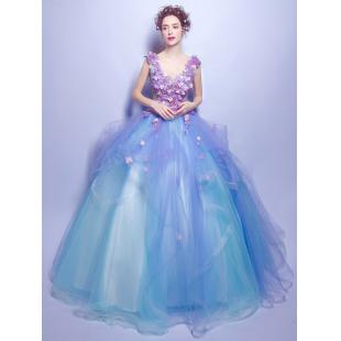【ウエディングドレス】女性用 Aライン カラードレス ブルー 結婚式 演奏会 宴会 パーティー 床付く 紗