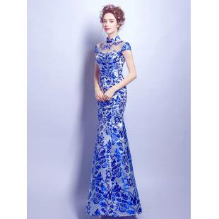 【ウエディングドレス】女性用 ブルー 青色 カラードレス チャイナドレス 結婚式 刺繍 宴会 忘年会