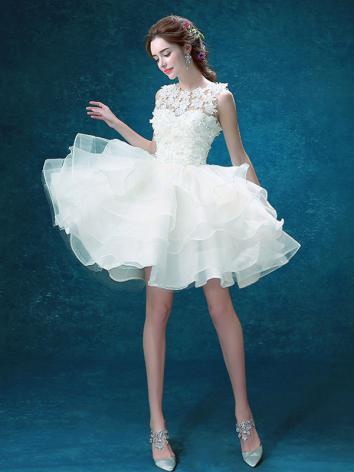 【ウエディングドレス】女性用 Aライン 白色 結婚式 演奏会 宴会 パーティー ホワイト ミニドレス