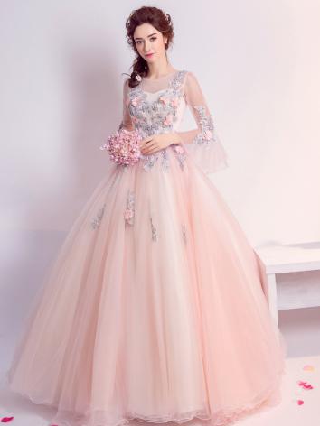 【ウエディングドレス】女性用 Aライン カラードレス ピンク 結婚式 演奏会 宴会 パーティー 床付く 紗
