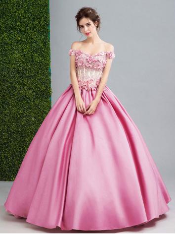 【ウエディングドレス】女性用 カラードレス 結婚式 宴会 忘年会 ピンク レース 司会 紗 床付く 刺繍 花