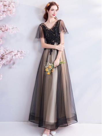 【ウエディングドレス】女性用 カラードレス 結婚式 宴会 忘年会 黒色 レース 司会 紗 床付く 刺繍