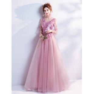 【ウエディングドレス】女性用 カラードレス 結婚式 宴会 忘年会 刺繍 司会 紗 ピンク色 床つく