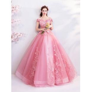 【ウエディングドレス】女性用 カラードレス 結婚式 宴会 忘年会 司会 紗 ピンク色 床つく