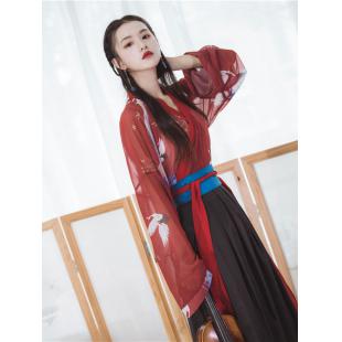 【唐装・漢服ー女】中華服古装 唐朝服 演出服 撮影服 女性用 レッド ブラック シフオン
