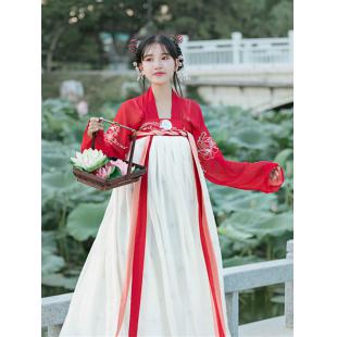 【唐装・漢服ー女】中華服古装 唐朝服 演出服 撮影服 女性用 レッド 薄きいろ シフオン