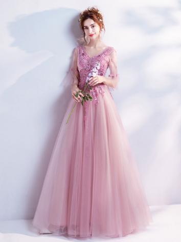 【ウエディングドレス】女性用 カラードレス 結婚式 宴会 忘年会 刺繍 司会 紗 ピンク色 床つく