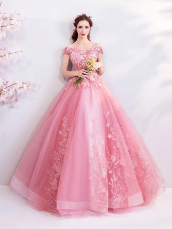 【ウエディングドレス】女性用 カラードレス 結婚式 宴会 忘年会 司会 紗 ピンク色 床つく
