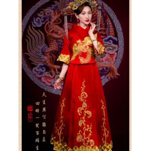 【唐装・漢服ー女】中華服 演出/撮影服 赤色 鳳刺繍入り 上着+スカート