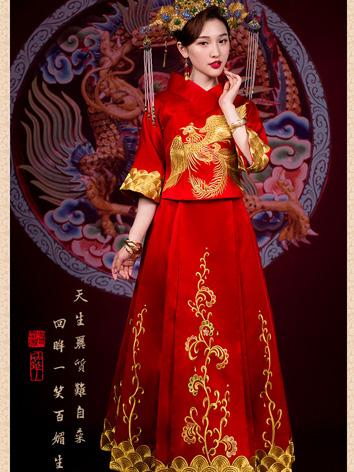 【唐装・漢服ー女】中華服 演出/撮影服 赤色 鳳刺繍入り 上着+スカート