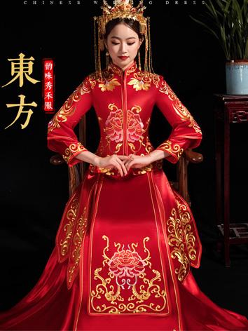 【唐装・漢服ー女】中華服 演出/撮影服 赤色 刺繍入り 上着+スカート