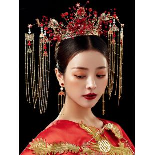 【漢服華服古装用ー飾り物】女性用 手作り チャイナドレス 髪飾り クラウン/冠セット 合金 赤色 ゴールド