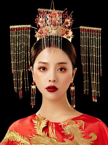 【漢服華服古装用ー飾り物】女性用 手作り チャイナドレス 髪飾り クラウン/冠セット 合金 ゴールド