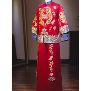 【唐装・漢服ー男性用】中華服 演出/撮影服/結婚式 赤色 刺繍入り 上着+スカート