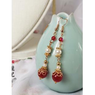 【漢服華服古装用ー飾り物】女性用 アクセサリー イヤリング＆ピアス 赤色瑪瑙＆人工パール 古典