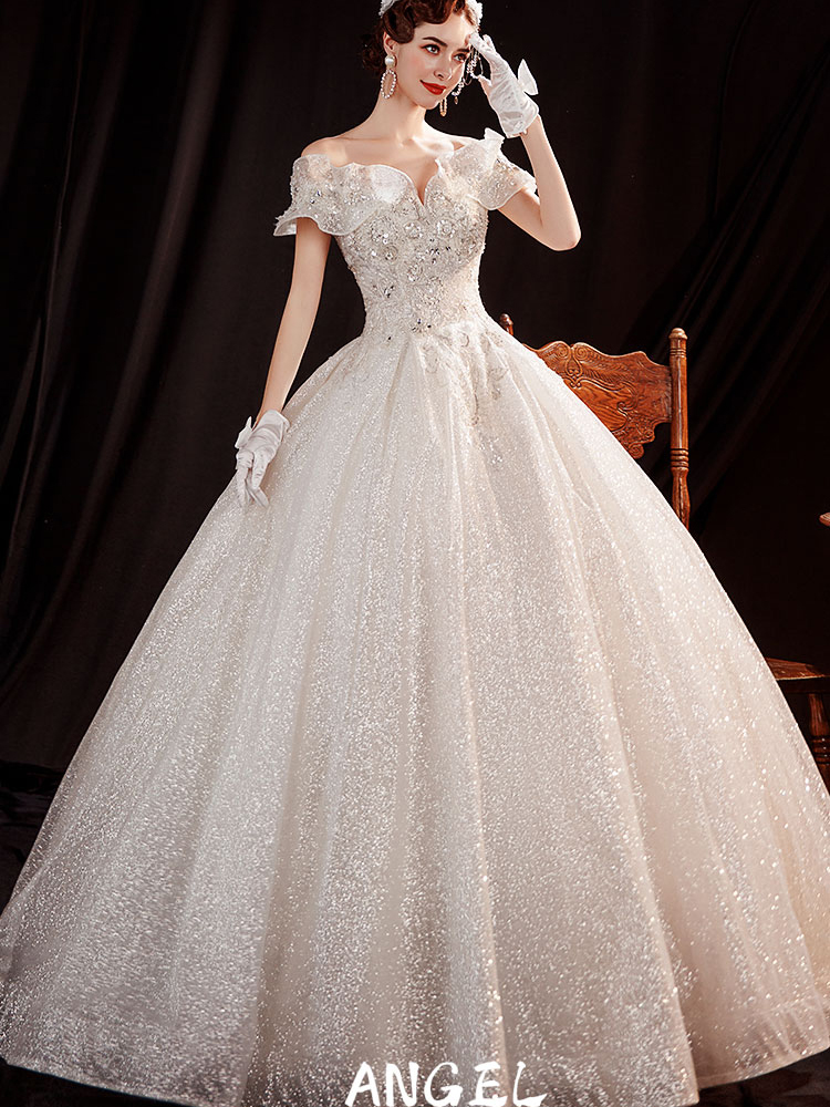 【ウエディングドレス】女性用 耀きホワイトドレス 結婚式 オフショールダ プリンセス_スレンダーライン_白いドレス