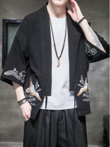 改良漢服ー男 鶴刺繍 黒色 ルーズカジュアル 中華服唐装 コート 演出服 撮影服